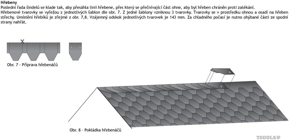 Tvarovky se v prostředku ohnou a osadí na hřeben střechy. Umístění hřebíků je zřejmé z obr. 7,8.