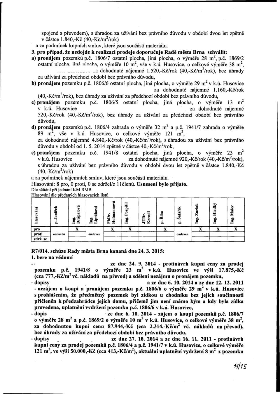 ha, o výměře 10 m 2, vše, o celkové výměře 38 m 2, a dohodnuté nájemné 1.520,-Kč/rok (40,-Kč/m 2 /rok), bez úhrady za užívání za předchozí období bez právního důvodu, b) pronájem pozemku p.č. 1806/6 ostatní plocha, jiná plocha, o výměře 29 m 2 za dohodnuté nájemné 1.