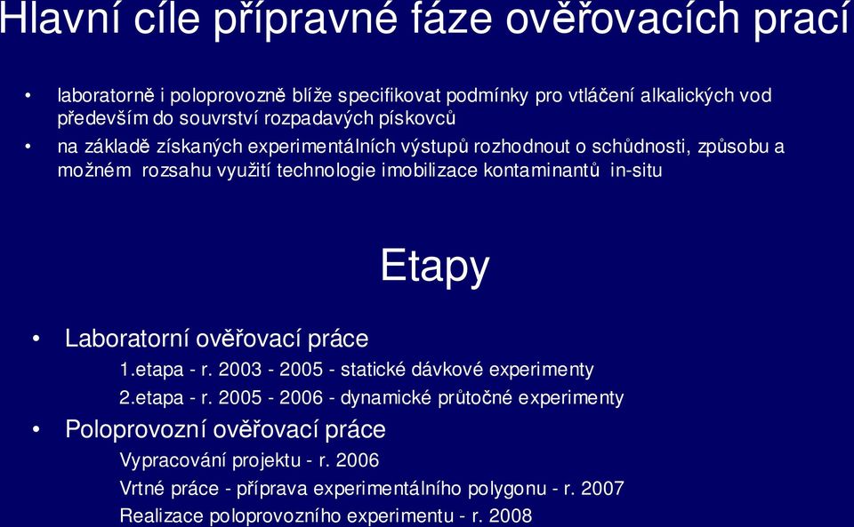 kontaminantů in-situ Etapy Laboratorní ověřovací práce 1.etapa - r.