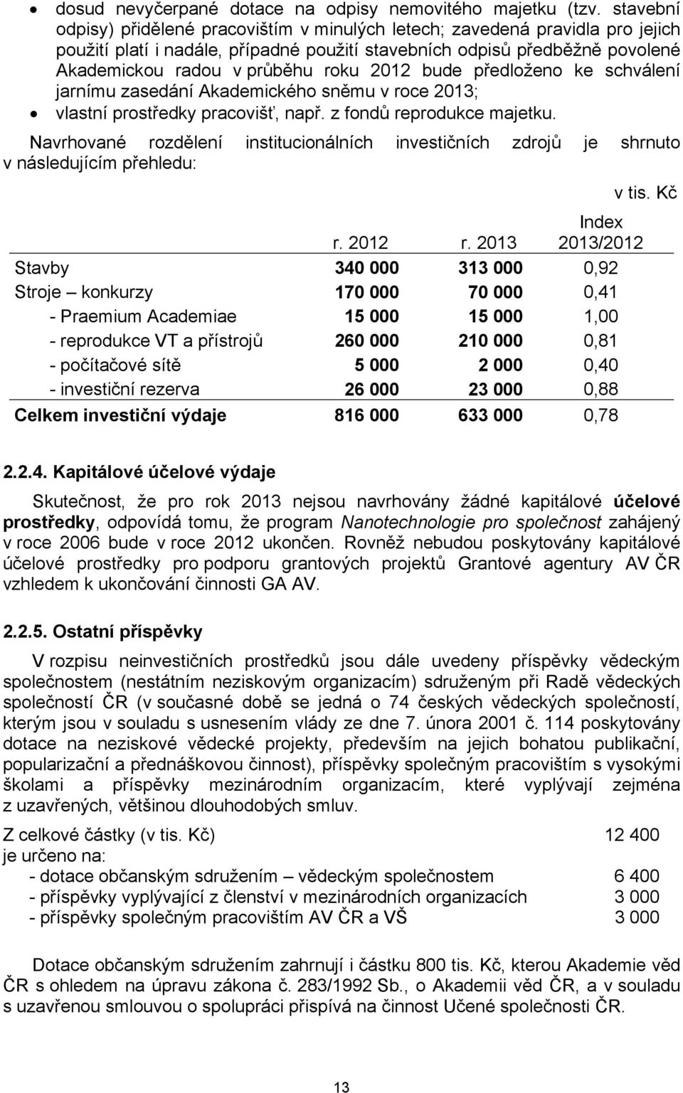 2012 bude předloženo ke schválení jarnímu zasedání Akademického sněmu v roce 2013; vlastní prostředky pracovišť, např. z fondů reprodukce majetku.