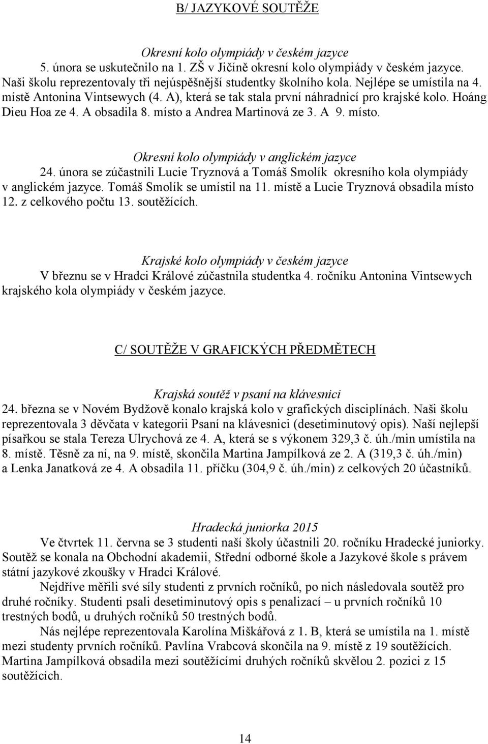 Hoáng Dieu Hoa ze 4. A obsadila 8. místo a Andrea Martinová ze 3. A 9. místo. Okresní kolo olympiády v anglickém jazyce 24.