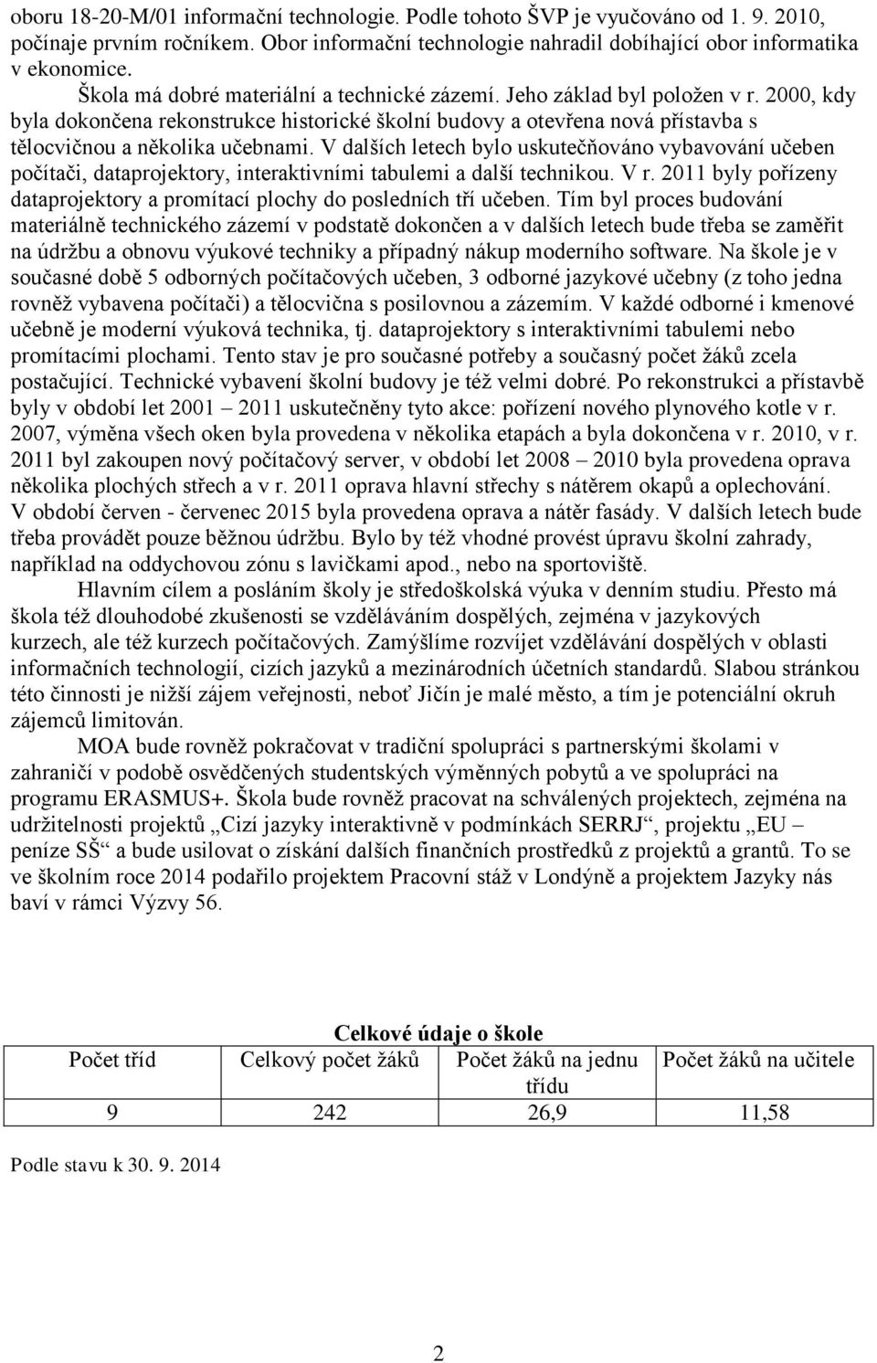 V dalších letech bylo uskutečňováno vybavování učeben počítači, dataprojektory, interaktivními tabulemi a další technikou. V r.