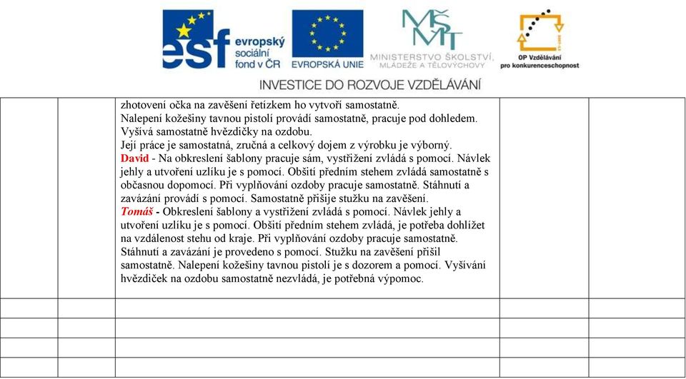 Obšití předním stehem zvládá samostatně s občasnou dopomocí. Při vyplňování ozdoby pracuje samostatně. Stáhnutí a zavázání provádí s pomocí. Samostatně přišije stužku na zavěšení.