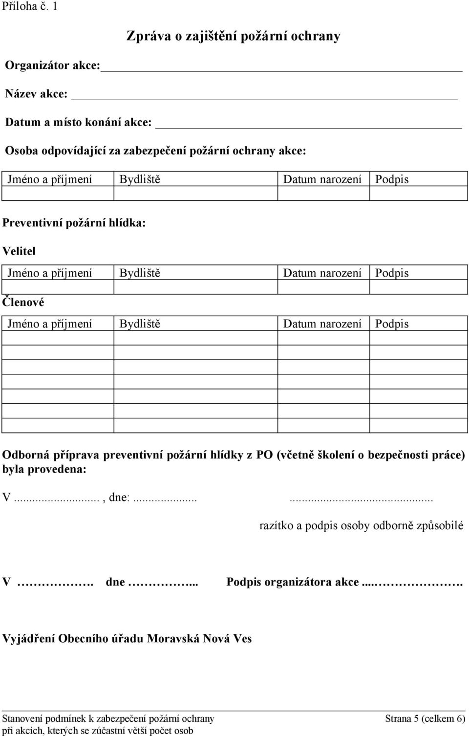 příjmení Bydliště Datum narození Podpis Preventivní požární hlídka: Velitel Jméno a příjmení Bydliště Datum narození Podpis Členové Jméno a příjmení Bydliště Datum