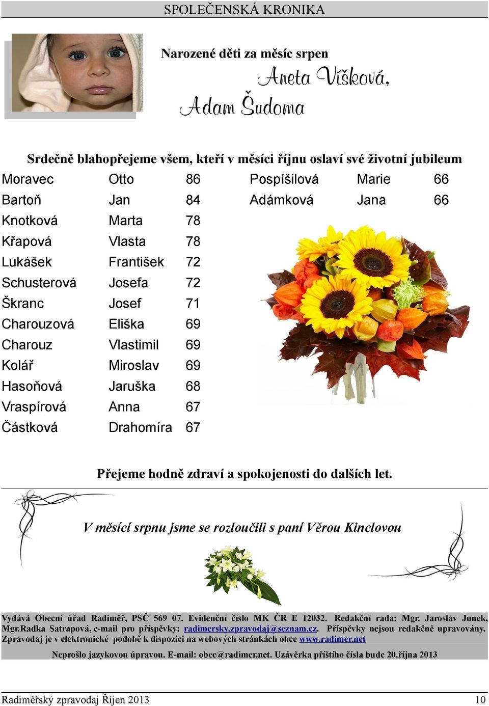 Vraspírová Anna 67 Částková Drahomíra 67 Přejeme hodně zdraví a spokojenosti do dalších let. V měsící srpnu jsme se rozloučili s paní Věrou Kinclovou Vydává Obecní úřad Radiměř, PSČ 569 07.