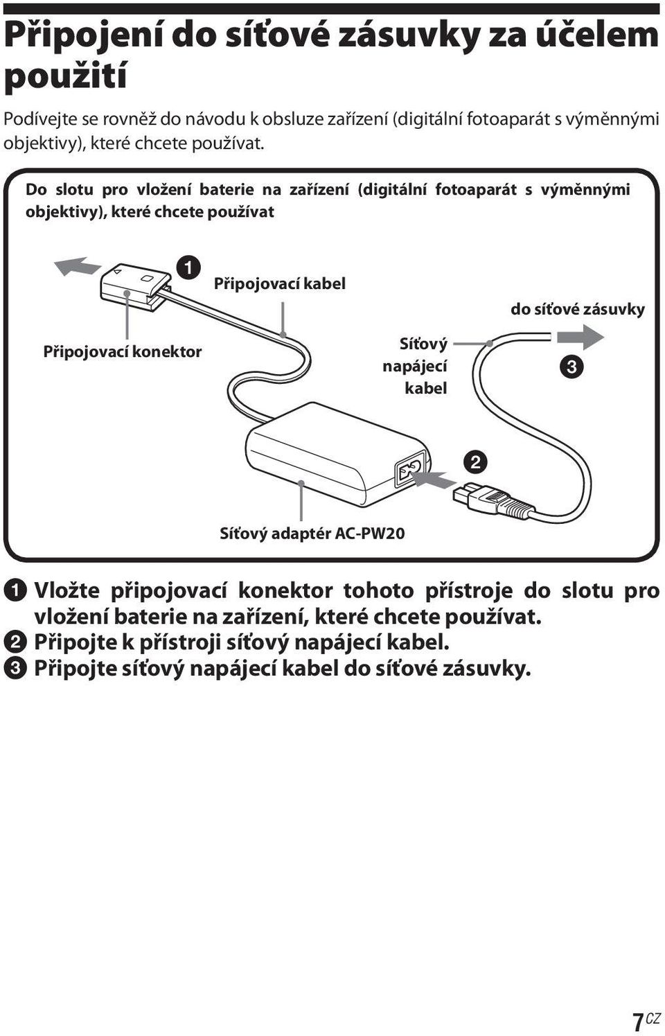 Do slotu pro vložení baterie na zařízení (digitální fotoaparát s výměnnými objektivy), které chcete používat Připojovací konektor Připojovací