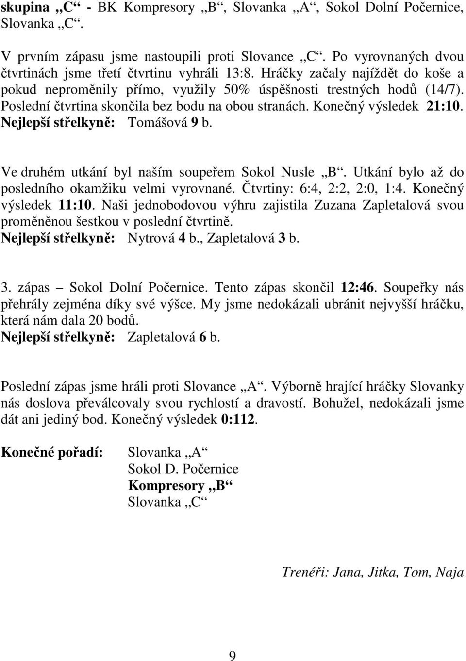 Nejlepší střelkyně: Tomášová 9 b. Ve druhém utkání byl naším soupeřem Sokol Nusle B. Utkání bylo až do posledního okamžiku velmi vyrovnané. Čtvrtiny: 6:4, 2:2, 2:0, 1:4. Konečný výsledek 11:10.