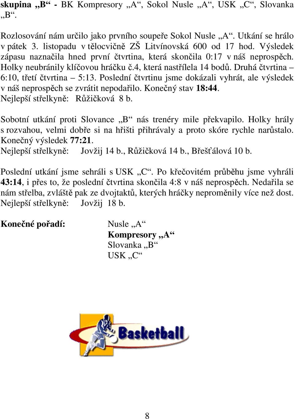 4, která nastřílela 14 bodů. Druhá čtvrtina 6:10, třetí čtvrtina 5:13. Poslední čtvrtinu jsme dokázali vyhrát, ale výsledek v náš neprospěch se zvrátit nepodařilo. Konečný stav 18:44.