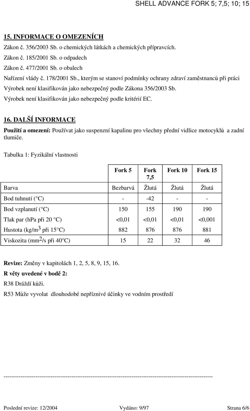 DALŠÍ INFORMACE Použití a omezení: Používat jako suspenzní kapalinu pro všechny přední vidlice motocyklů a zadní tlumiče.