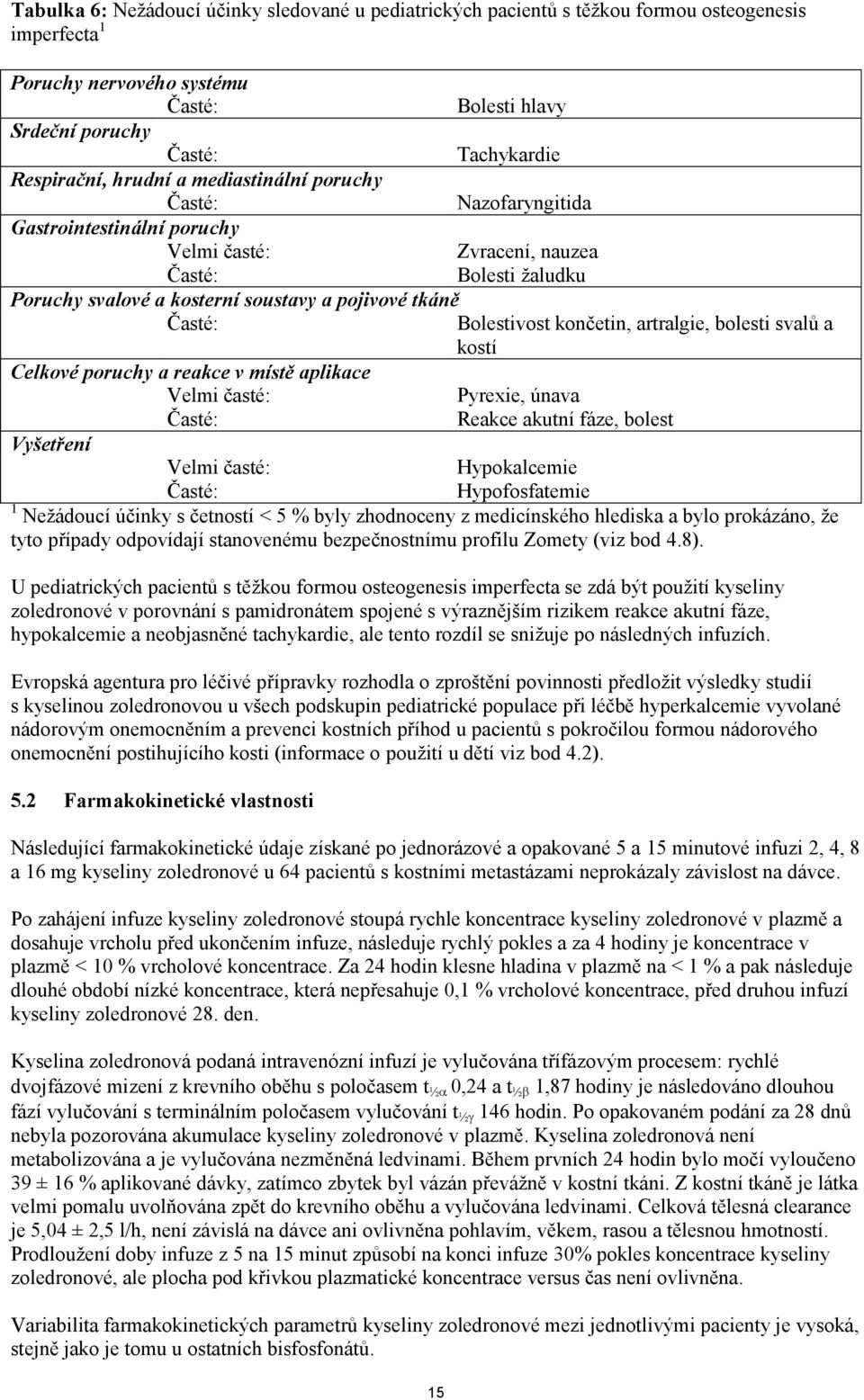 Bolestivost končetin, artralgie, bolesti svalů a kostí Celkové poruchy a reakce v místě aplikace Velmi časté: Pyrexie, únava Časté: Reakce akutní fáze, bolest Vyšetření Velmi časté: Hypokalcemie