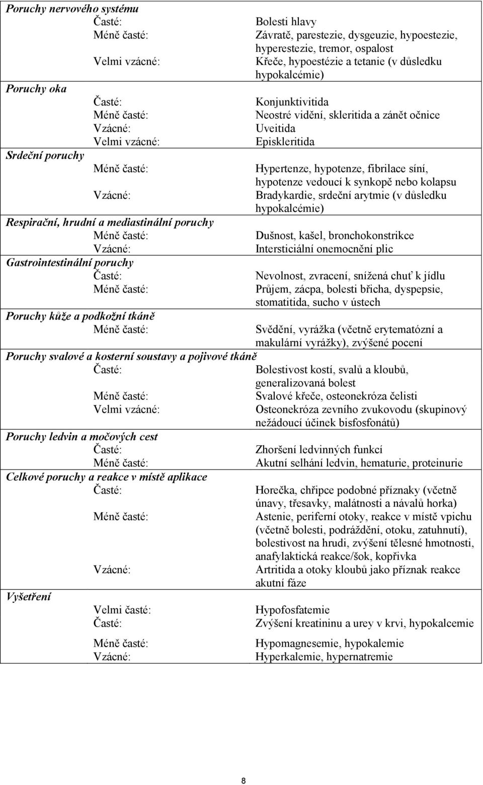 hypoestézie a tetanie (v důsledku hypokalcémie) Konjunktivitida Neostré vidění, skleritida a zánět očnice Uveitida Episkleritida Hypertenze, hypotenze, fibrilace síní, hypotenze vedoucí k synkopě