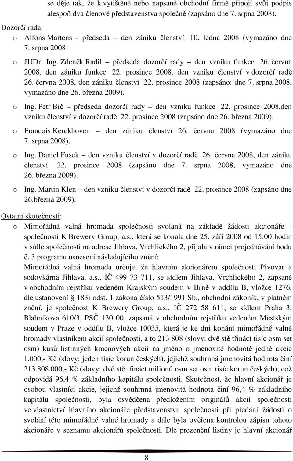 června 2008, den zániku funkce 22. prosince 2008, den vzniku členství v dozorčí radě 26. června 2008, den zániku členství 22. prosince 2008 (zapsáno: dne 7. srpna 2008, vymazáno dne 26. března 2009).