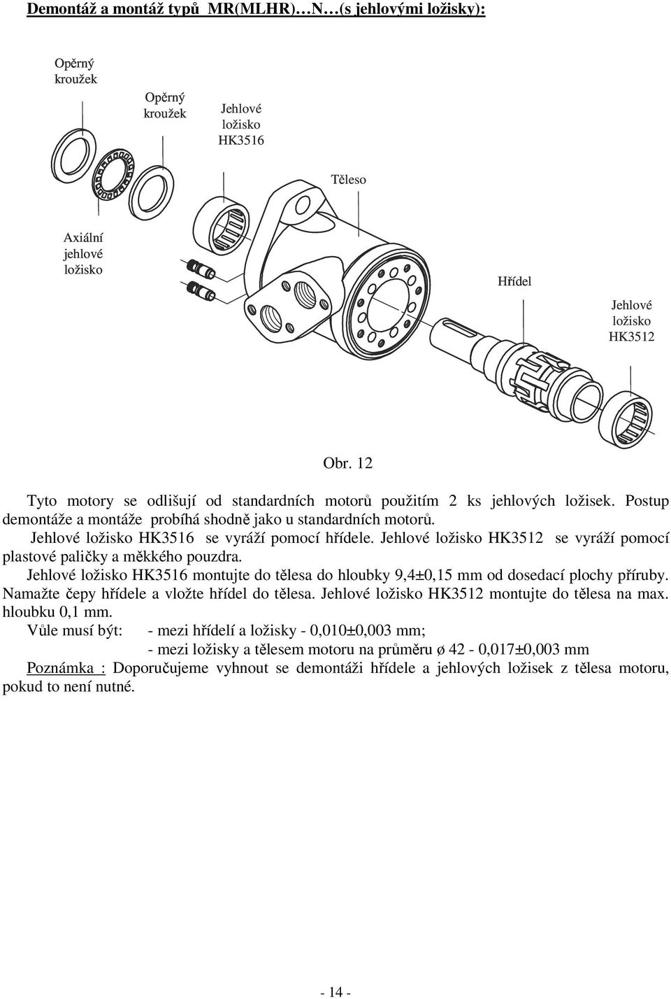 Jehlové HK3512 se vyráží pomocí plastové paličky a měkkého pouzdra. Jehlové HK3516 montujte do tělesa do hloubky 9,4±0,15 mm od dosedací plochy příruby. Namažte čepy e a vložte do tělesa.