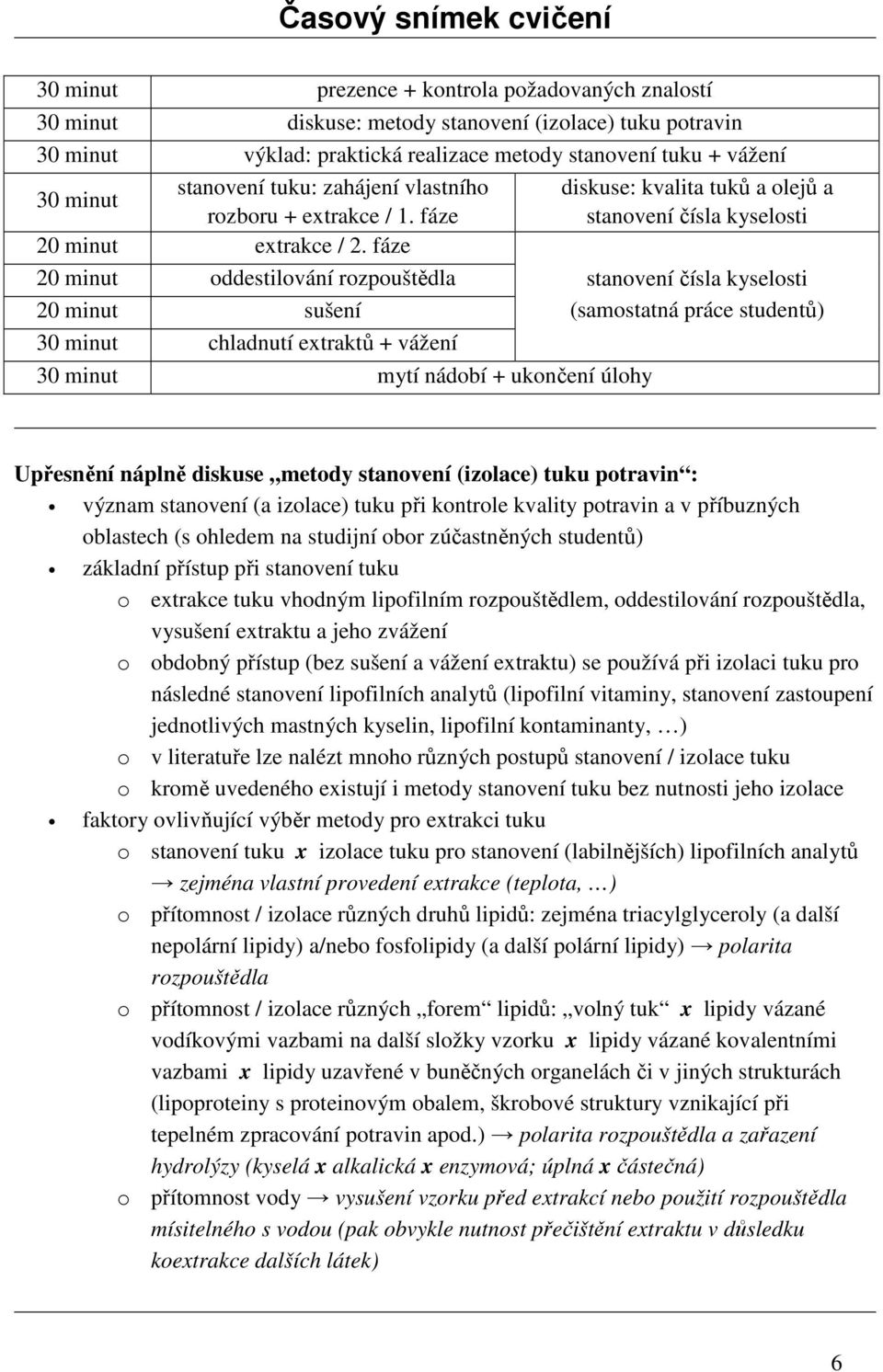 fáze 20 minut oddestilování rozpouštědla stanovení čísla kyselosti 20 minut sušení (samostatná práce studentů) 30 minut chladnutí extraktů + vážení 30 minut mytí nádobí + ukončení úlohy Upřesnění