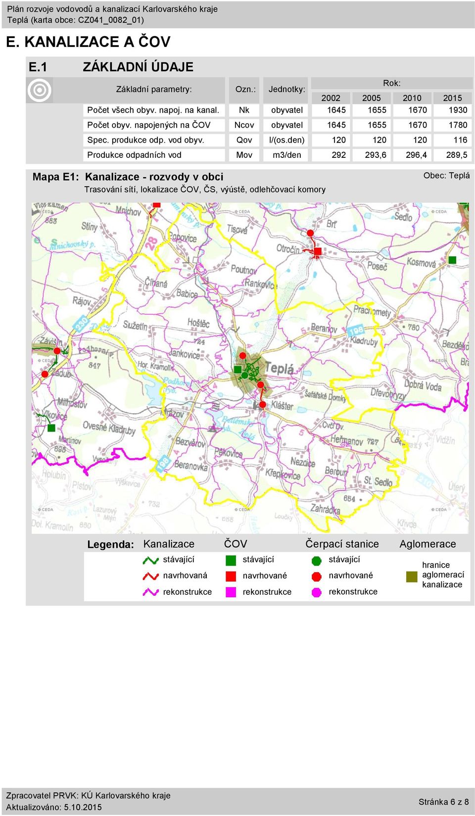 den) 12 12 12 116 Produkce odpadních vod Mov m3/den 292 293,6 296,4 289,5 Mapa E1: Kanalizace - rozvody v obci Trasování sítí, lokalizace ČOV, ČS, výústě,