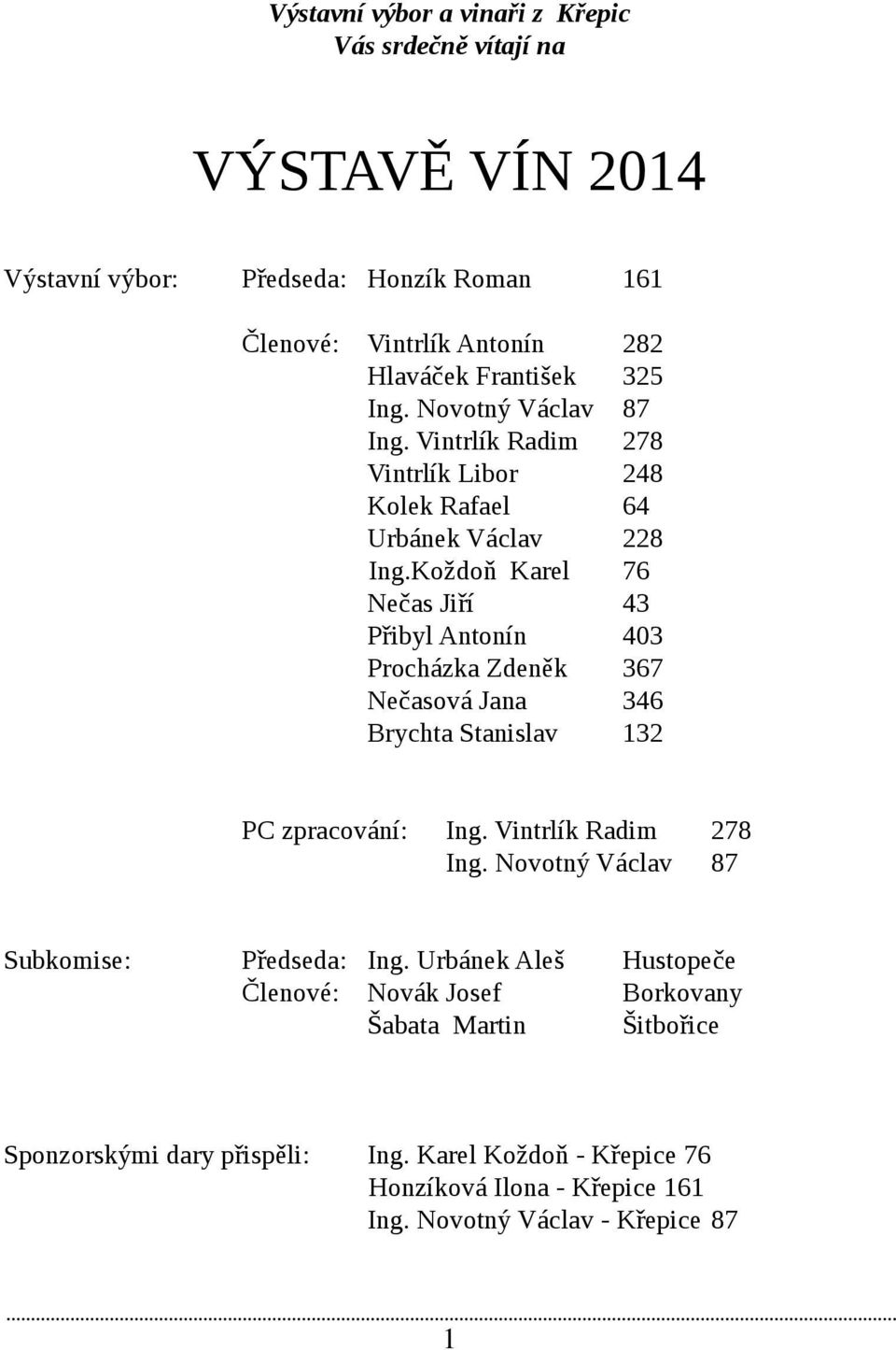 Koždoň Karel 76 Nečas Jiří 43 Přibyl Antonín 403 Procházka Zdeněk 367 Nečasová Jana 346 Brychta Stanislav 132 PC zpracování: Ing. Vintrlík Radim 278 Ing.