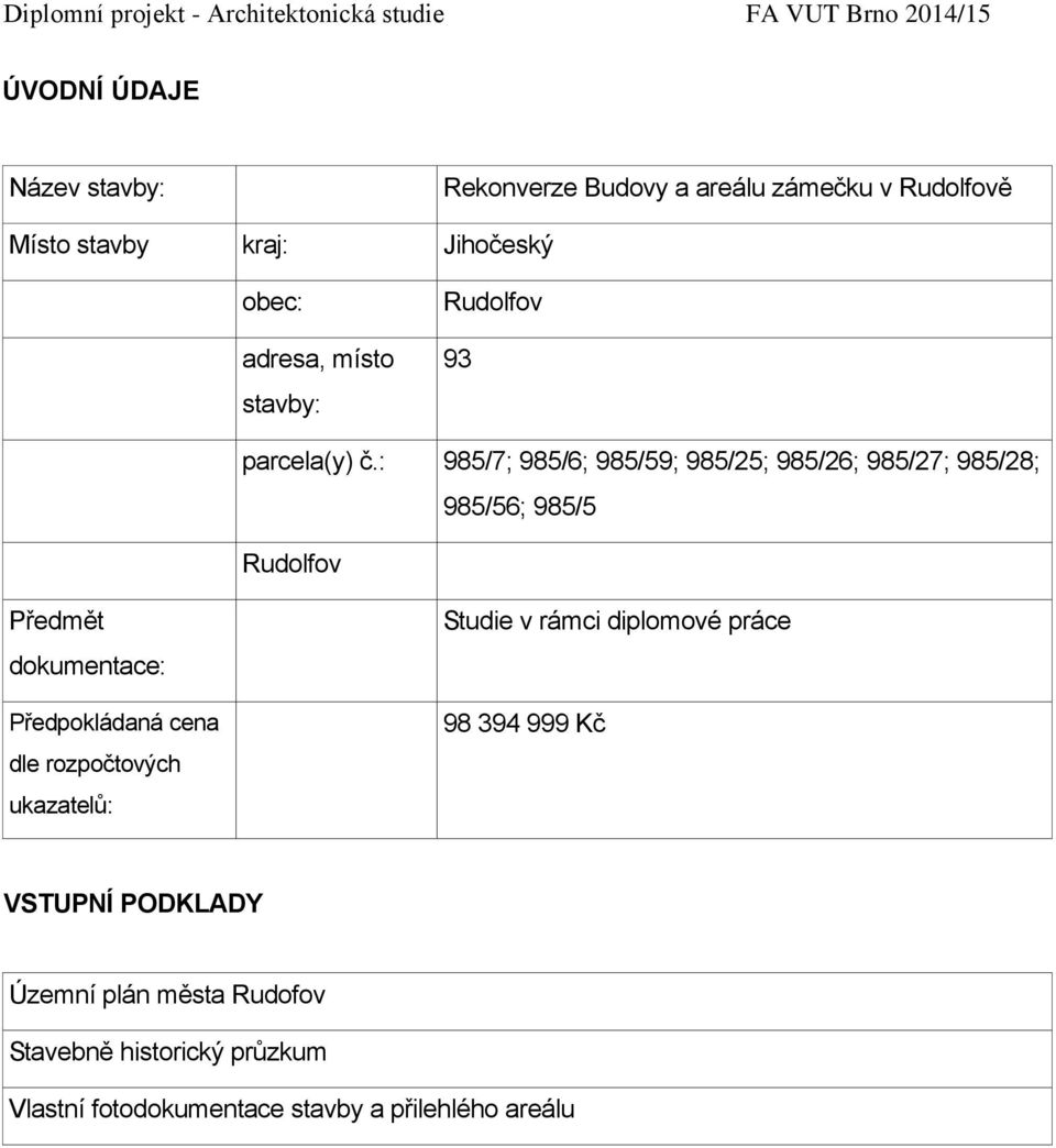 : 985/7; 985/6; 985/59; 985/25; 985/26; 985/27; 985/28; Rudolfov 985/56; 985/5 Předmět dokumentace: Předpokládaná