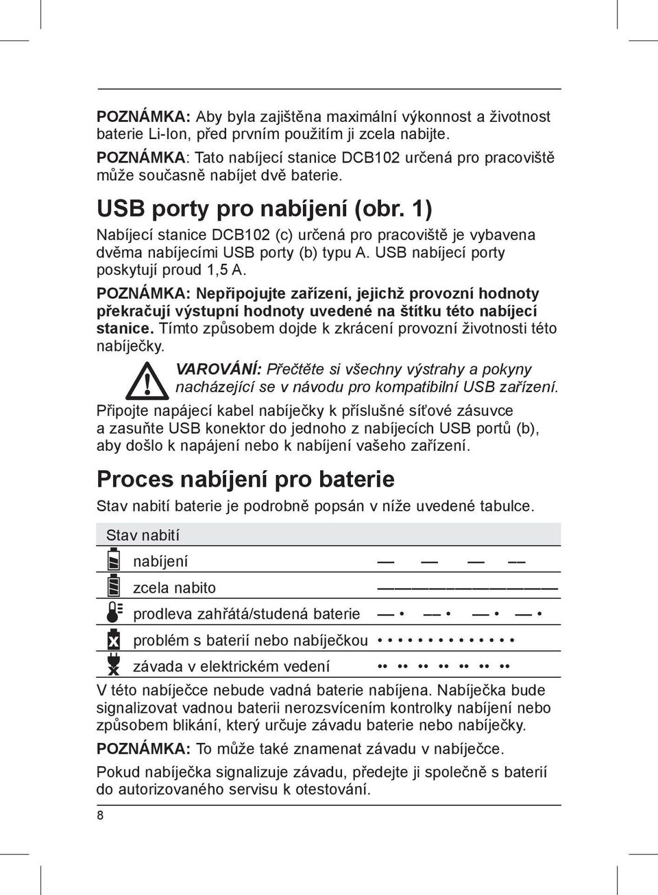 1) Nabíjecí stanice DCB102 (c) určená pro pracoviště je vybavena dvěma nabíjecími USB porty (b) typu A. USB nabíjecí porty poskytují proud 1,5 A.