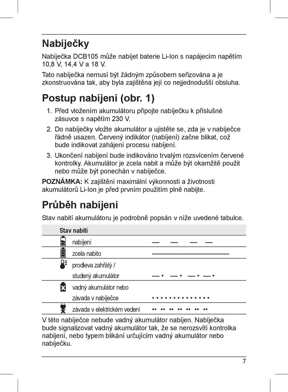 Před vložením akumulátoru připojte nabíječku k příslušné zásuvce s napětím 230 V. 2. Do nabíječky vložte akumulátor a ujistěte se, zda je v nabíječce řádně usazen.