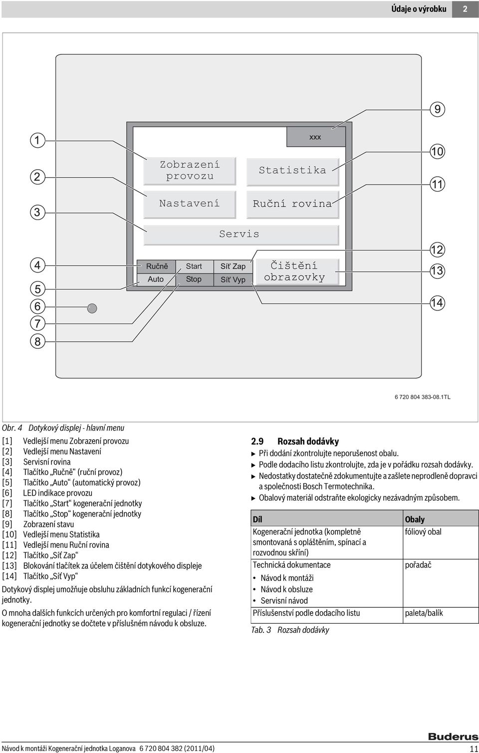 indikace provozu [7] Tlačítko Start kogenerační jednotky [8] Tlačítko Stop kogenerační jednotky [9] Zobrazení stavu [10] Vedlejší menu Statistika [11] Vedlejší menu Ruční rovina [12] Tlačítko Síť Zap