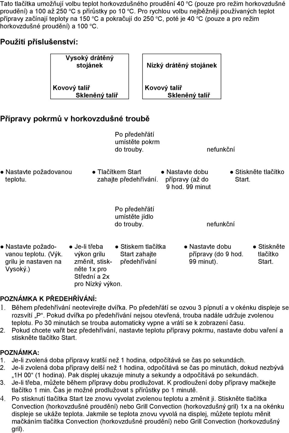 Použití příslušenství: Vysoký drátěný stojánek Nízký drátěný stojánek Kovový talíř Skleněný talíř Kovový talíř Skleněný talíř Přípravy pokrmů v horkovzdušné troubě Po předehřátí umístěte pokrm do