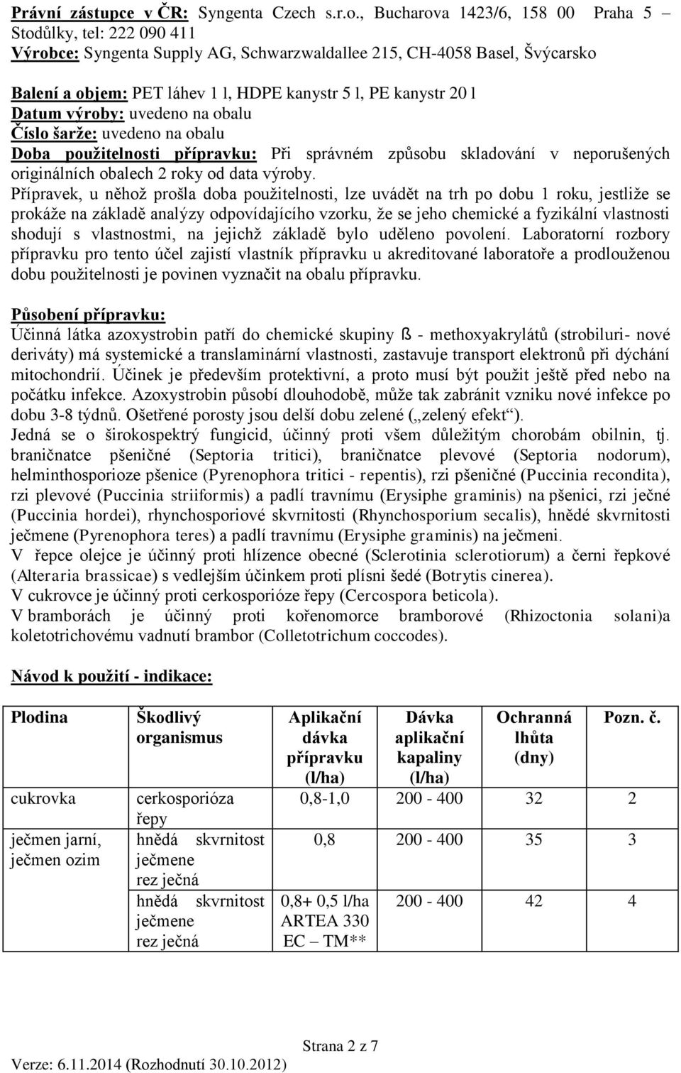 20 l Datum výroby: uvedeno na obalu Číslo šarže: uvedeno na obalu Doba použitelnosti přípravku: Při správném způsobu skladování v neporušených originálních obalech 2 roky od data výroby.