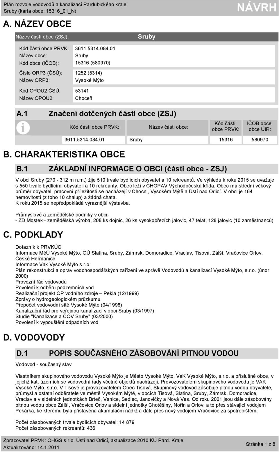 1 Značení dotčených částí obce (ZSJ) Kód části obce PRVK: Název části obce: Kód části obce PRVK: IČOB obce obce ÚIR: B. CHARAKTERISTIKA OBCE B.