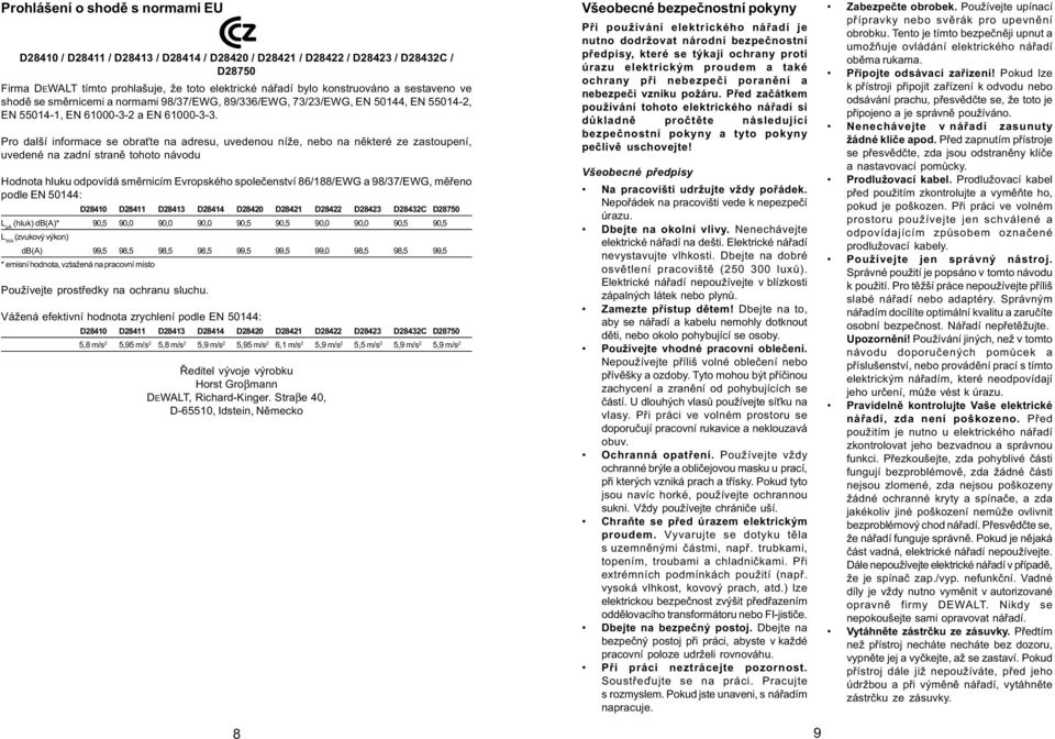 Pro další informace se obra te na adresu, uvedenou níže, nebo na nìkteré ze zastoupení, uvedené na zadní stranì tohoto návodu Hodnota hluku odpovídá smìrnicím Evropského spoleèenství 86/188/EWG a