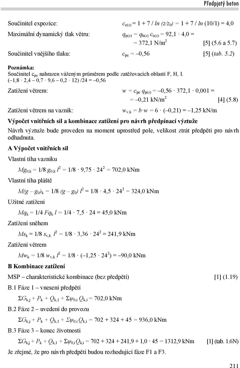 ( 1,8 2,4 0,7 9,6 0,2 12) /24 = 0,56 Zatížení větrem: w = c pe q p(z) = 0,56 372,1 0,001 = = 0,21 kn/m 2 [4] (5.