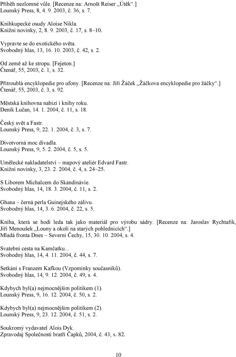 [Recenze na: Jiří Žáček Žáčkova encyklopedie pro žáčky.] Čtenář, 55, 2003, č. 3, s. 92. Městská knihovna nabízí i knihy roku. Deník Lučan, 14. 1. 2004, č. 11, s. 18. Český svět a Fastr.