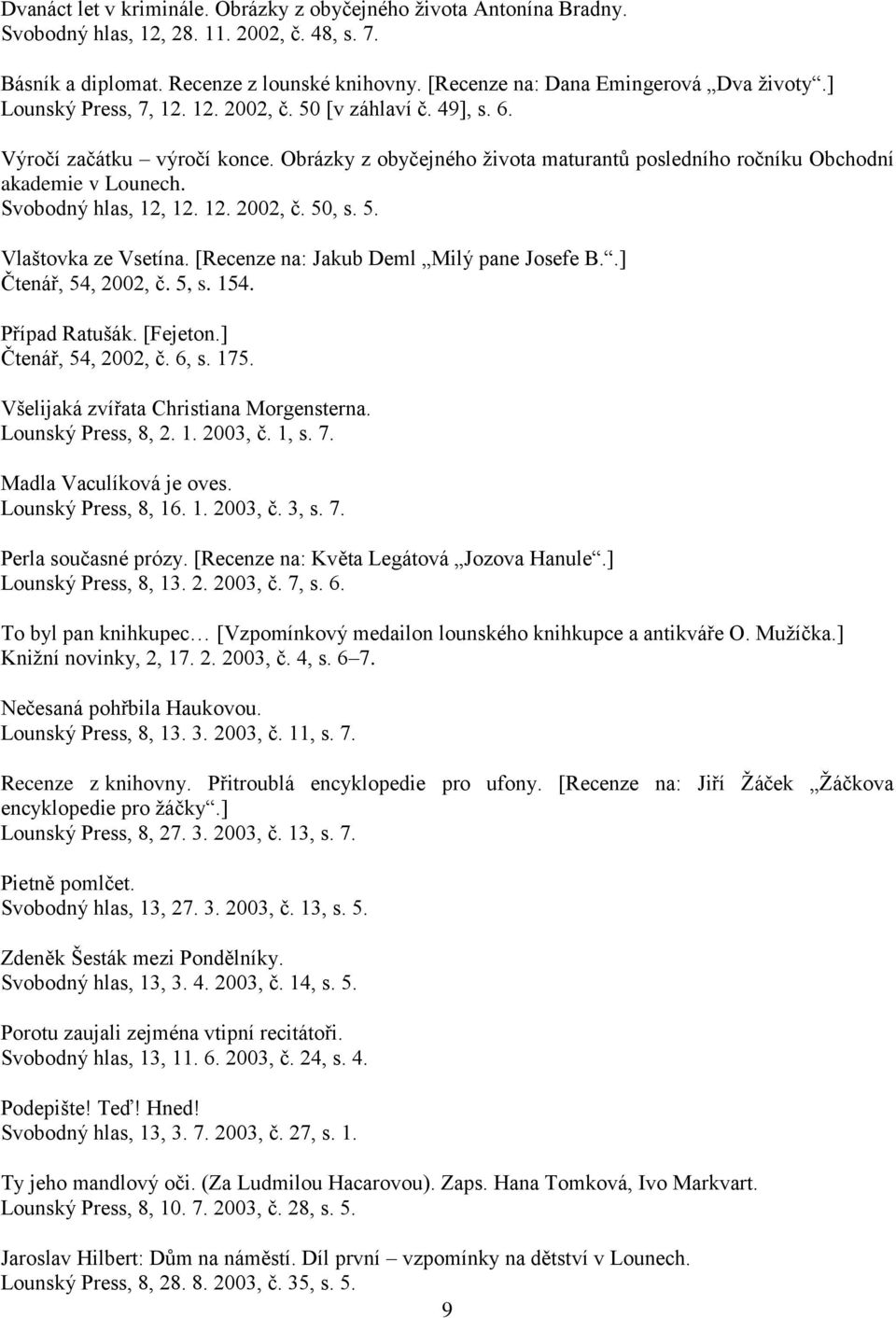 Obrázky z obyčejného života maturantů posledního ročníku Obchodní akademie v Lounech. Svobodný hlas, 12, 12. 12. 2002, č. 50, s. 5. Vlaštovka ze Vsetína. [Recenze na: Jakub Deml Milý pane Josefe B.