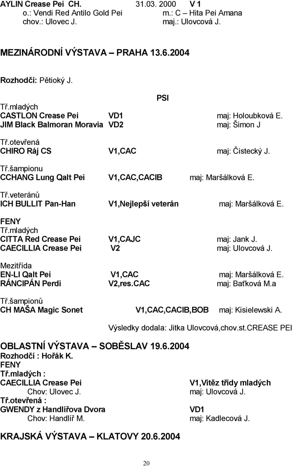 T.veterán ICH BULLIT Pan-Han V1,Nejlep í veterán maj: Mar álková E. FENY T.mladých CITTA Red Crease Pei V1,CAJC maj: Jank J. CAECILLIA Crease Pei V2 maj: Ulovcová J.