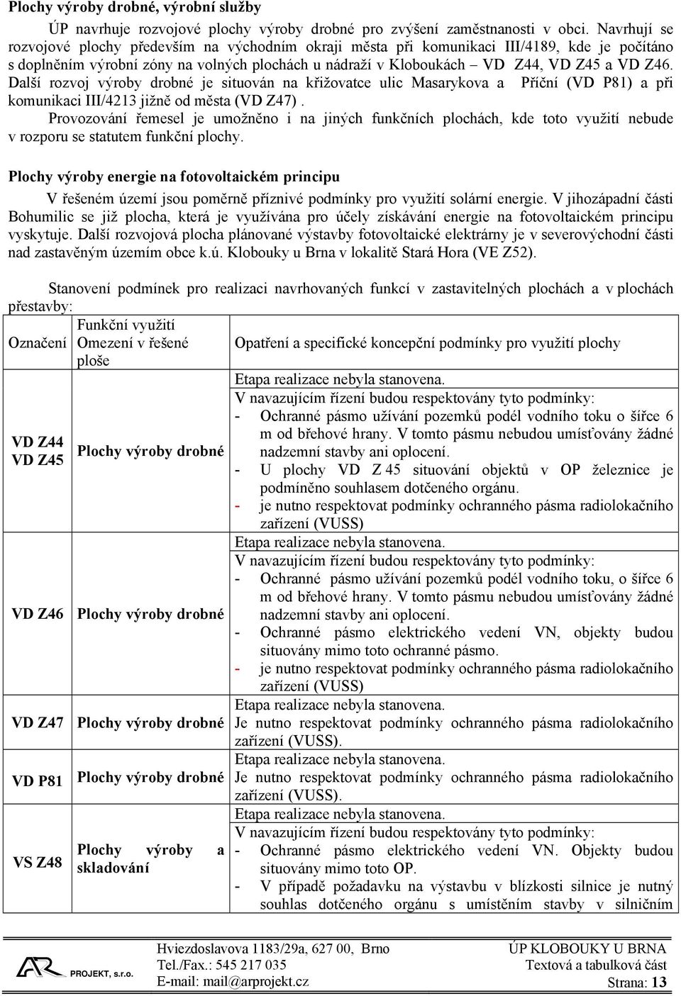 Další rozvoj výroby drobné je situován na křižovatce ulic Masarykova a Příční (VD P81) a při komunikaci III/4213 jižně od města (VD Z47).