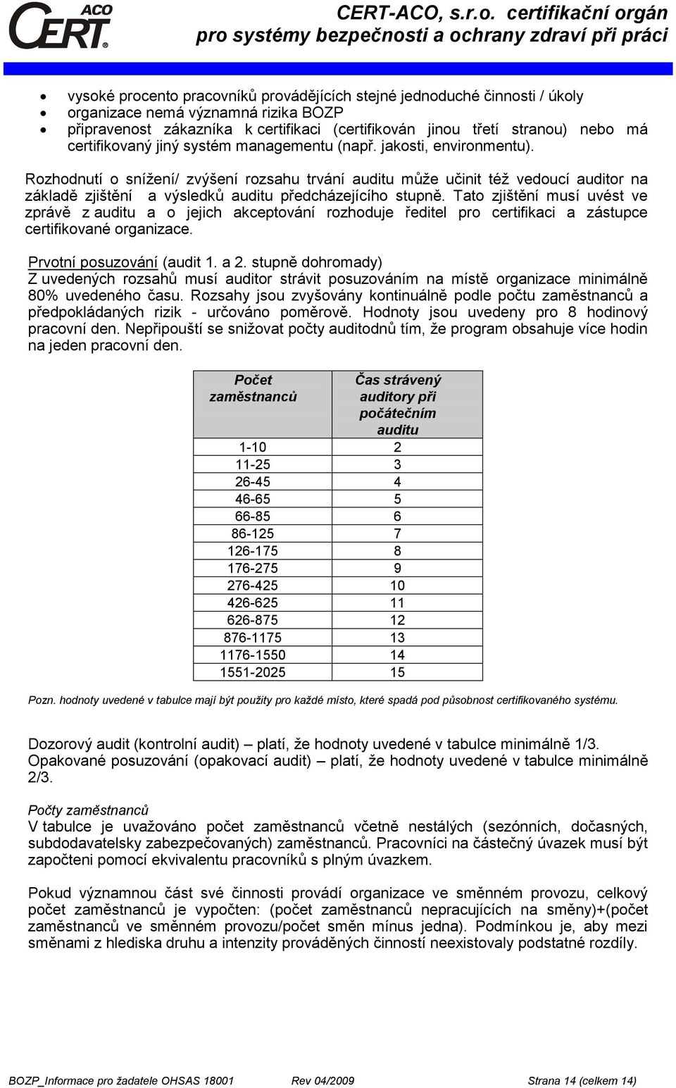 Rozhodnutí o snížení/ zvýšení rozsahu trvání auditu může učinit též vedoucí auditor na základě zjištění a výsledků auditu předcházejícího stupně.