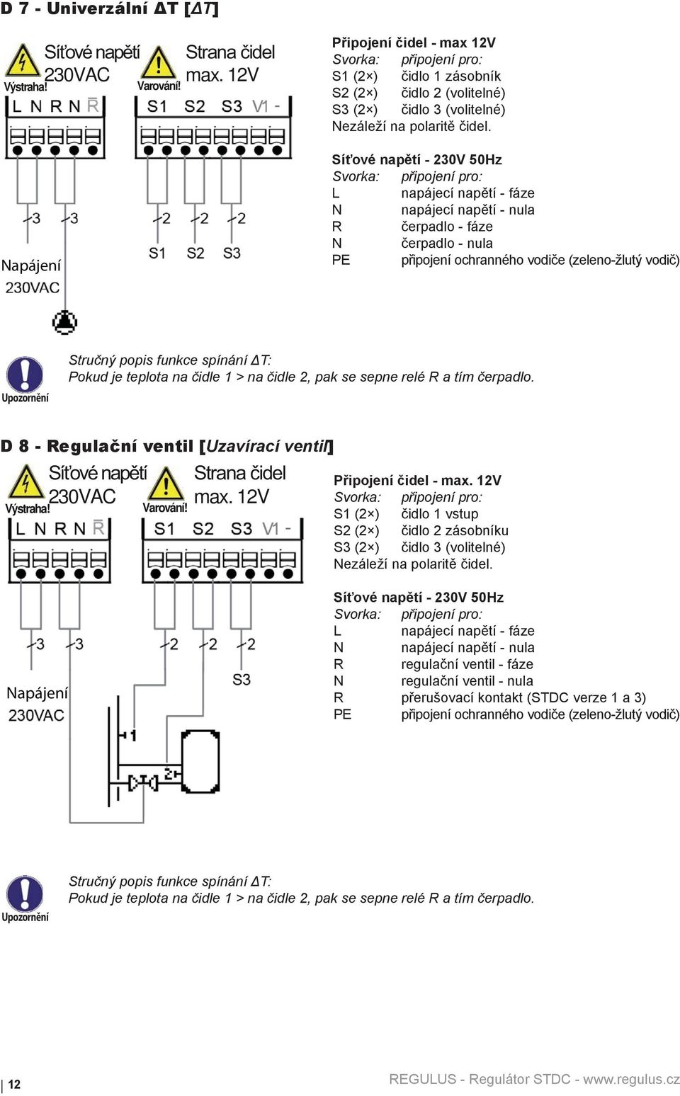 Síťové napětí - 230V 50Hz L napájecí napětí - fáze N napájecí napětí - nula R čerpadlo - fáze N čerpadlo - nula PE připojení ochranného vodiče (zeleno-žlutý vodič) Stručný popis funkce spínání ΔT: