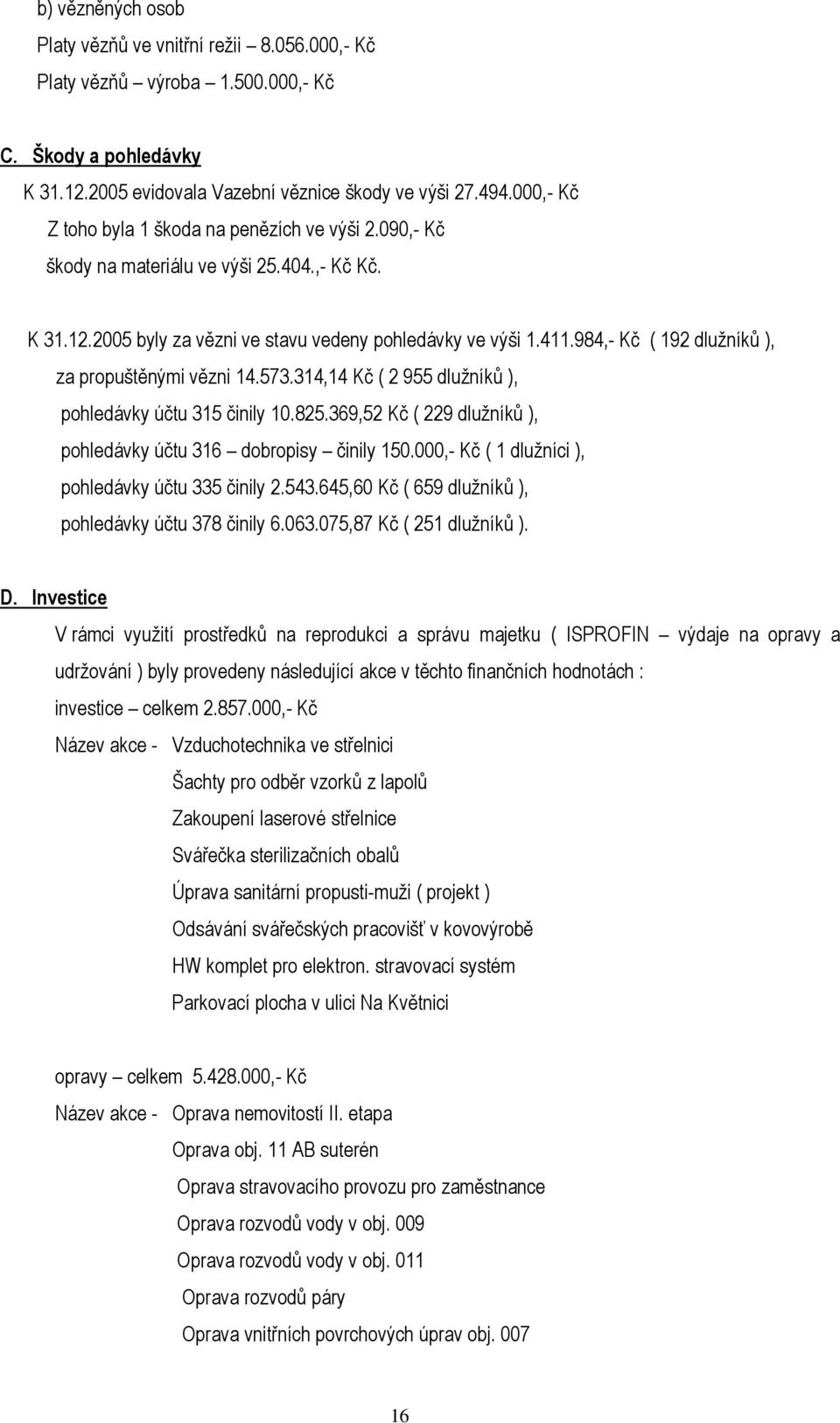 984,- Kč ( 192 dlužníků ), za propuštěnými vězni 14.573.314,14 Kč ( 2 955 dlužníků ), pohledávky účtu 315 činily 10.825.369,52 Kč ( 229 dlužníků ), pohledávky účtu 316 dobropisy činily 150.