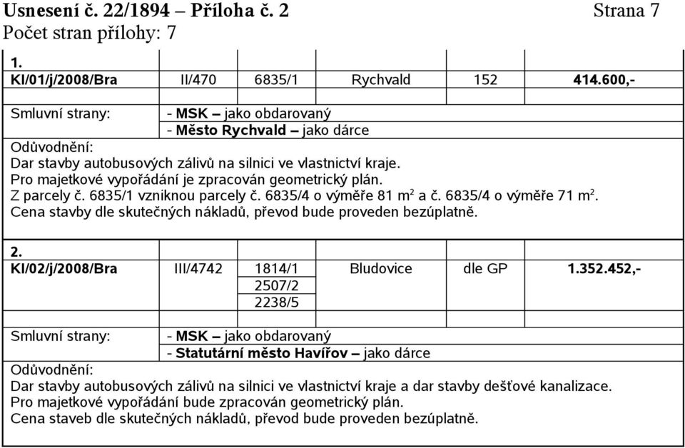 6835/4 o výměře 71. Cena stavby dle skutečných nákladů, převod bude proveden bezúplatně.