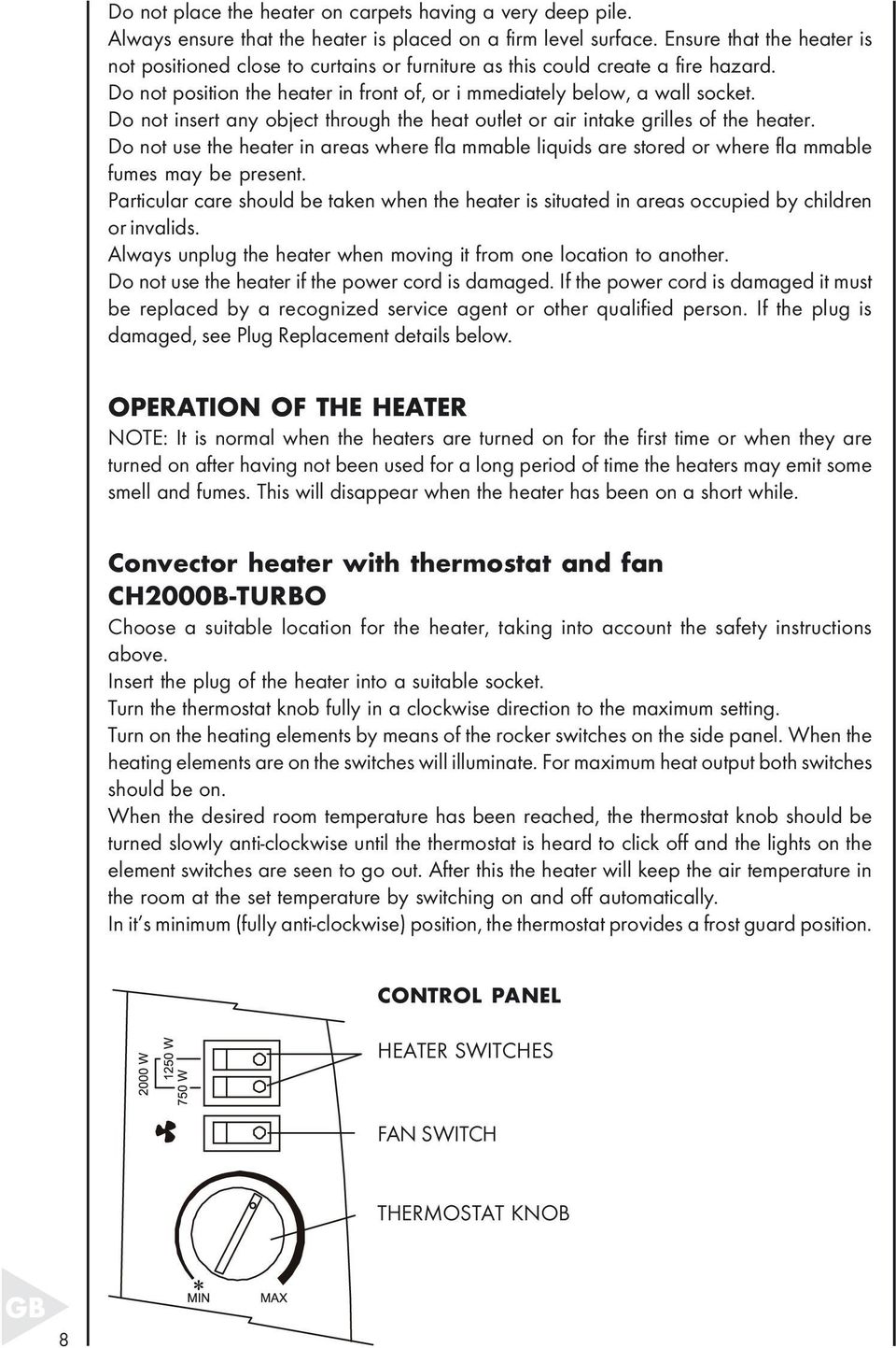 Do not insert any object through the heat outlet or air intake grilles of the heater. Do not use the heater in areas where fla mmable liquids are stored or where fla mmable fumes may be present.