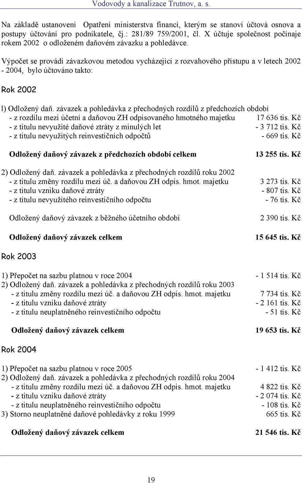 Výpočet se provádí závazkovou metodou vycházející z rozvahového přístupu a v letech 2002-2004, bylo účtováno takto: Rok 2002 l) Odložený daň.