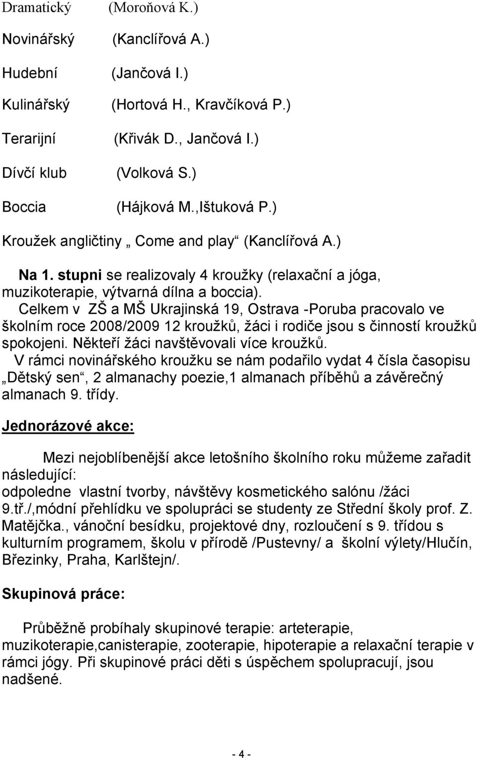 Celkem v ZŠ a MŠ Ukrajinská 19, Ostrava -Poruba pracovalo ve školním roce 2008/2009 12 kroužků, žáci i rodiče jsou s činností kroužků spokojeni. Někteří žáci navštěvovali více kroužků.