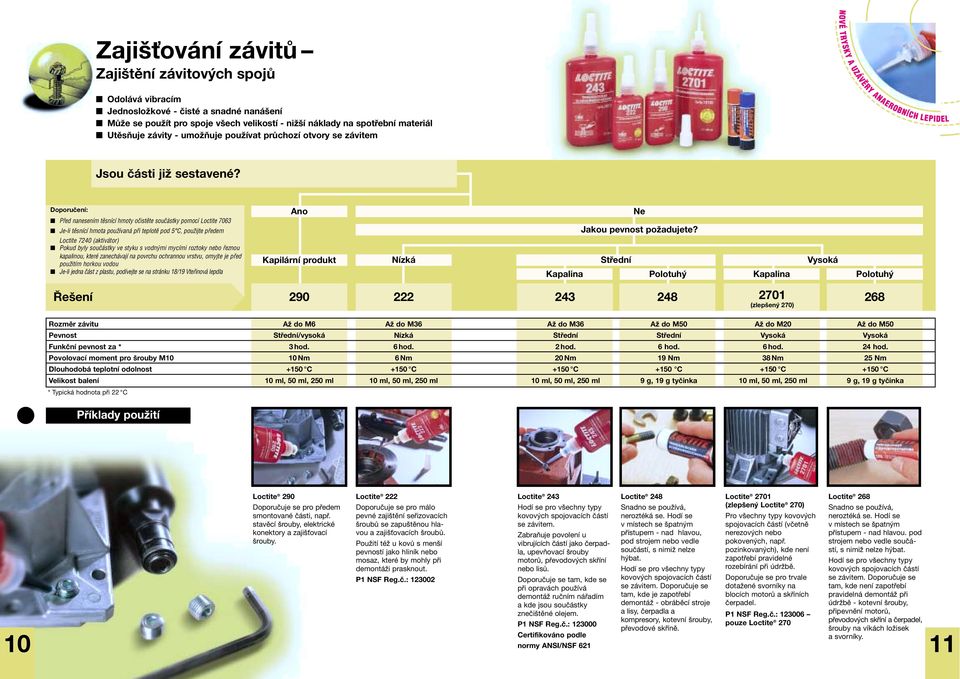 Doporučení: Pfied nanesením tûsnící hmoty oãistûte souãástky pomocí Loctite 7063 Je-li tûsnící hmota pouïívaná pfii teplotû pod 5 C, pouïijte pfiedem Loctite 7240 (aktivátor) Pokud byly souãástky ve