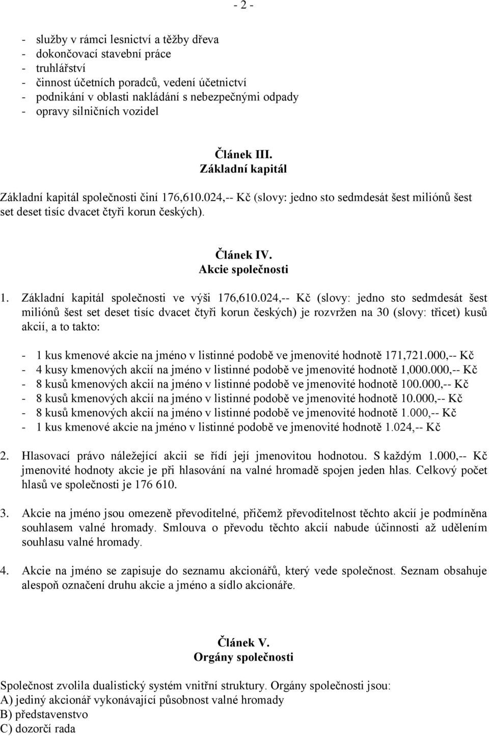 Článek IV. Akcie společnosti 1. Základní kapitál společnosti ve výši 176,610.