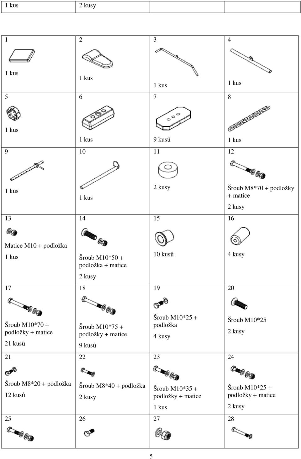 podložky + matice 9 kusů Šroub M10*25 + podložka 4 kusy Šroub M10*25 21 22 23 24 Šroub M8*20 + podložka 12