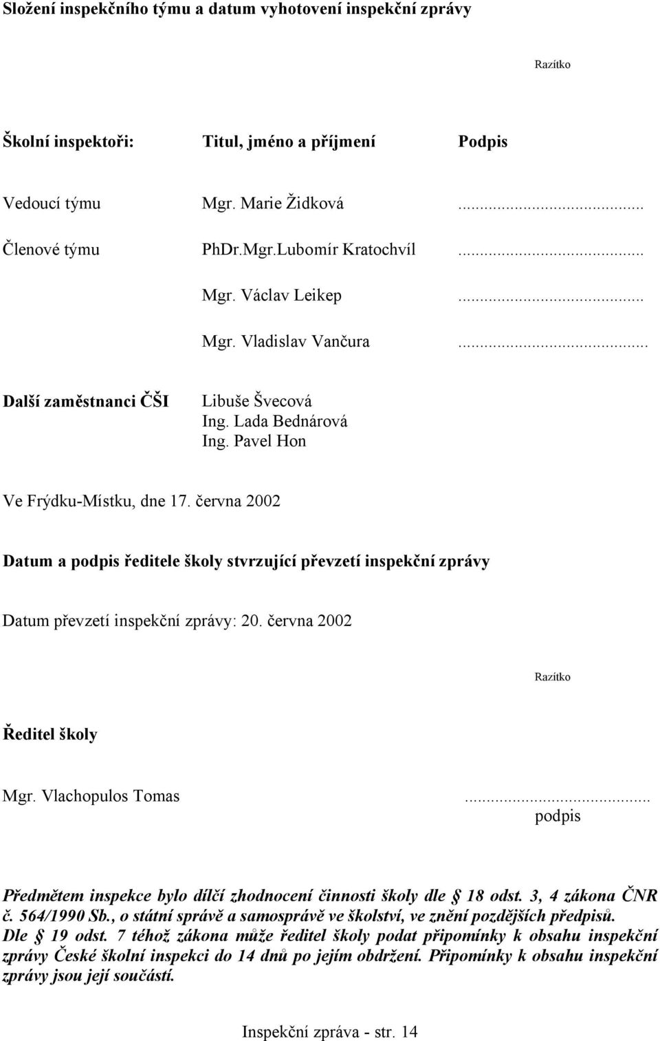 června 2002 Datum a podpis ředitele školy stvrzující převzetí inspekční zprávy Datum převzetí inspekční zprávy: 20. června 2002 Razítko Ředitel školy Mgr. Vlachopulos Tomas.