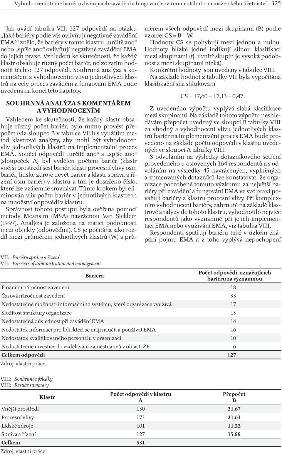 Vzhledem ke skutečnosti, že každý klastr obsahuje různý počet bariér, nelze zatím hodnotit těchto 127 odpovědí.