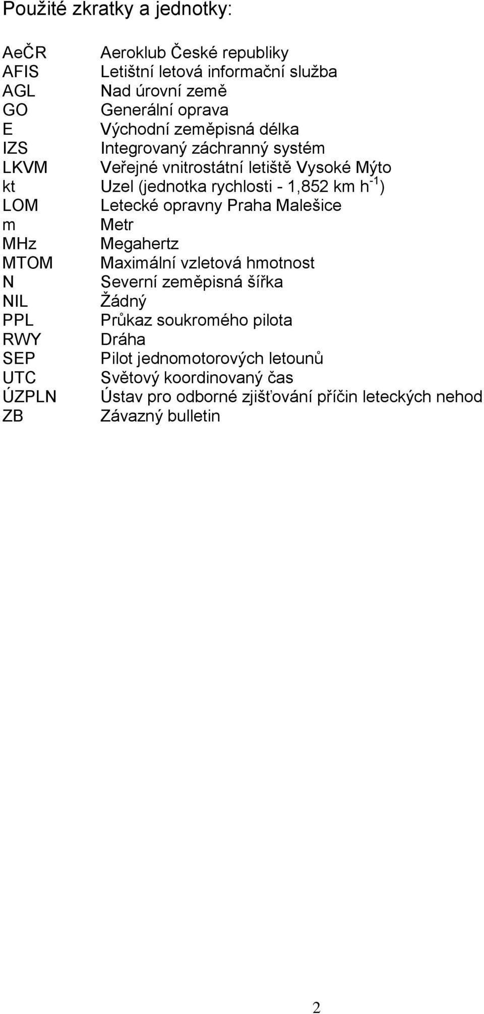 Letecké opravny Praha Malešice m Metr MHz Megahertz MTOM Maximální vzletová hmotnost N Severní zeměpisná šířka NIL Žádný PPL Průkaz soukromého