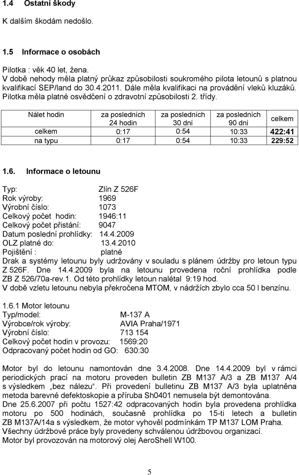 Pilotka měla platné osvědčení o zdravotní způsobilosti 2. třídy.