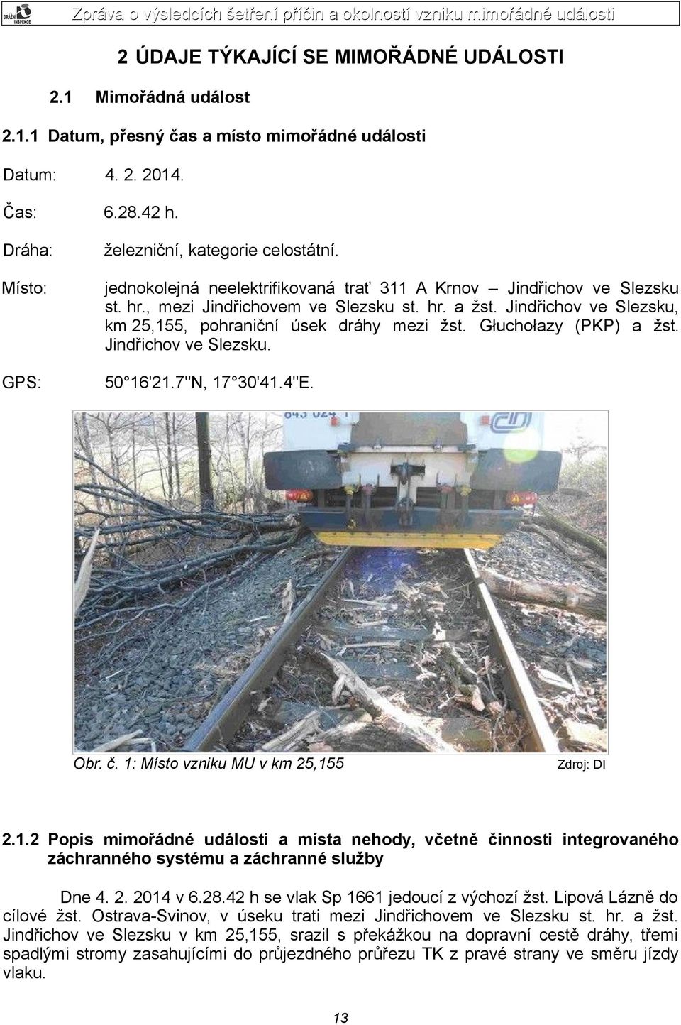 Głuchołazy (PKP) a žst. Jindřichov ve Slezsku. 50 16'21.7"N, 17 30'41.4"E. Obr. č. 1: Místo vzniku MU v km 25,155 Zdroj: DI 2.1.2 Popis mimořádné události a místa nehody, včetně činnosti integrovaného záchranného systému a záchranné služby Dne 4.