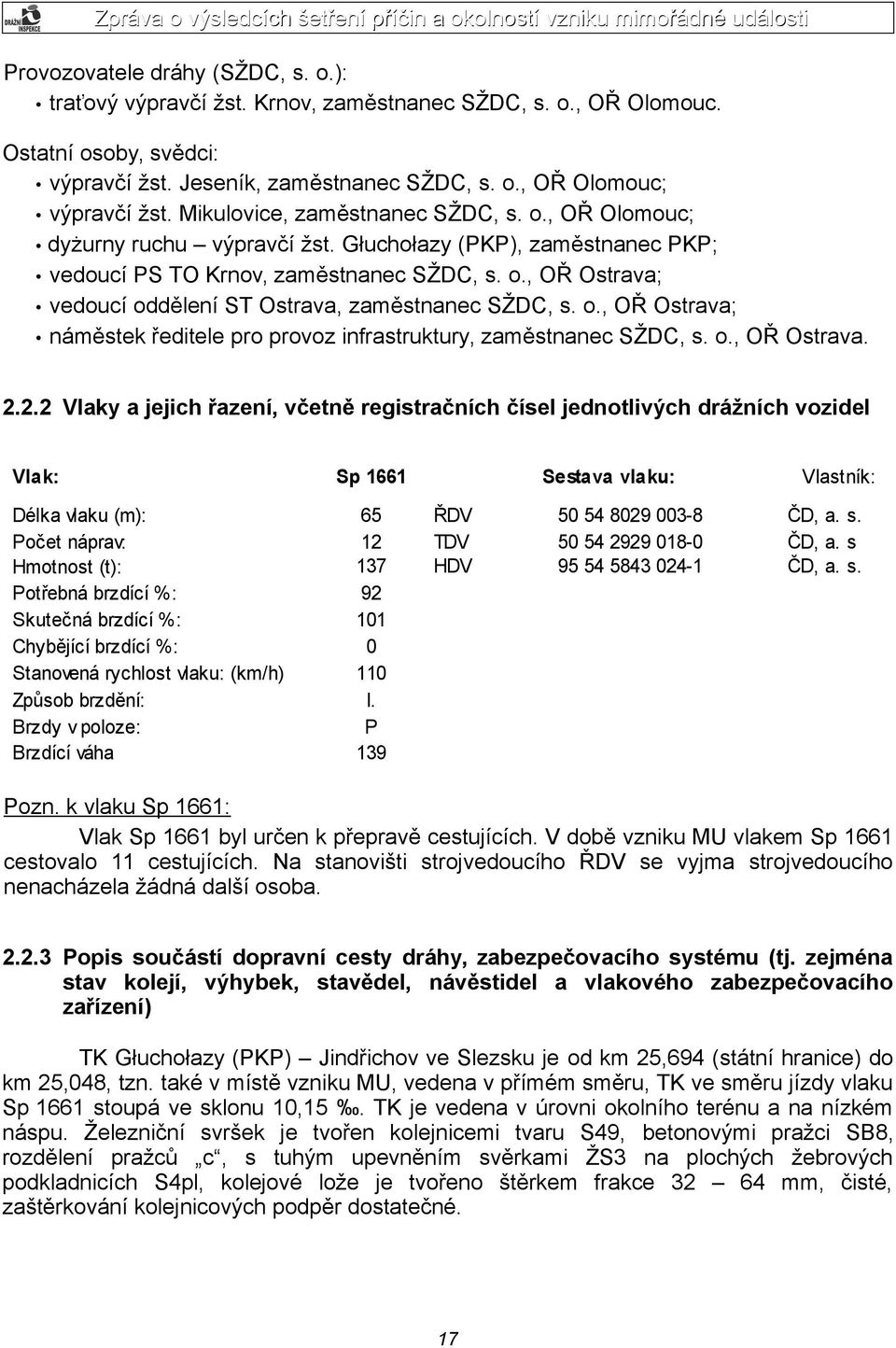 o., OŘ Ostrava; náměstek ředitele pro provoz infrastruktury, zaměstnanec SŽDC, s. o., OŘ Ostrava. 2.