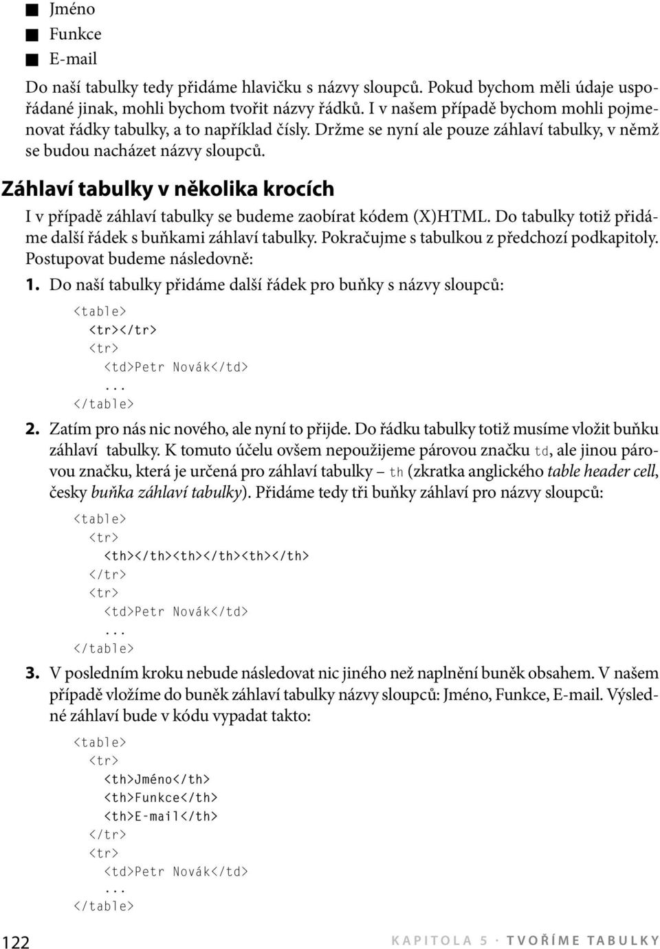 Záhlaví tabulky v několika krocích I v případě záhlaví tabulky se budeme zaobírat kódem (X)HTML. Do tabulky totiž přidáme další řádek s buňkami záhlaví tabulky.